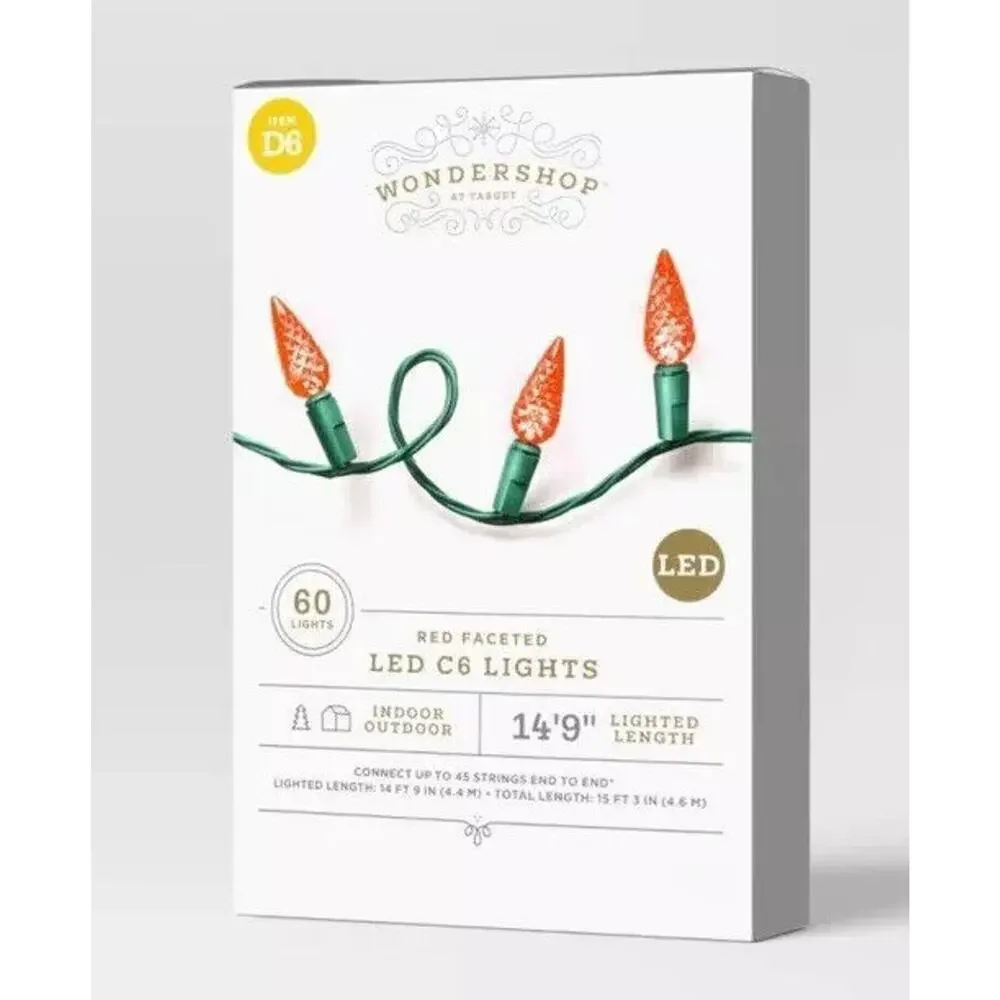 Wondershop Target Christmas 60 LED Red Faceted C6 Lights 14' 9